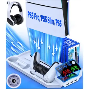 ESYWEN PS5 Pro/Slim Stand & Cooling Station with Controller Charging for PlayStation 5 Disc Digital Console, 3 Levels Fan, 13 Game Slots, 3 USB Hub, Headset Holder, Wearable