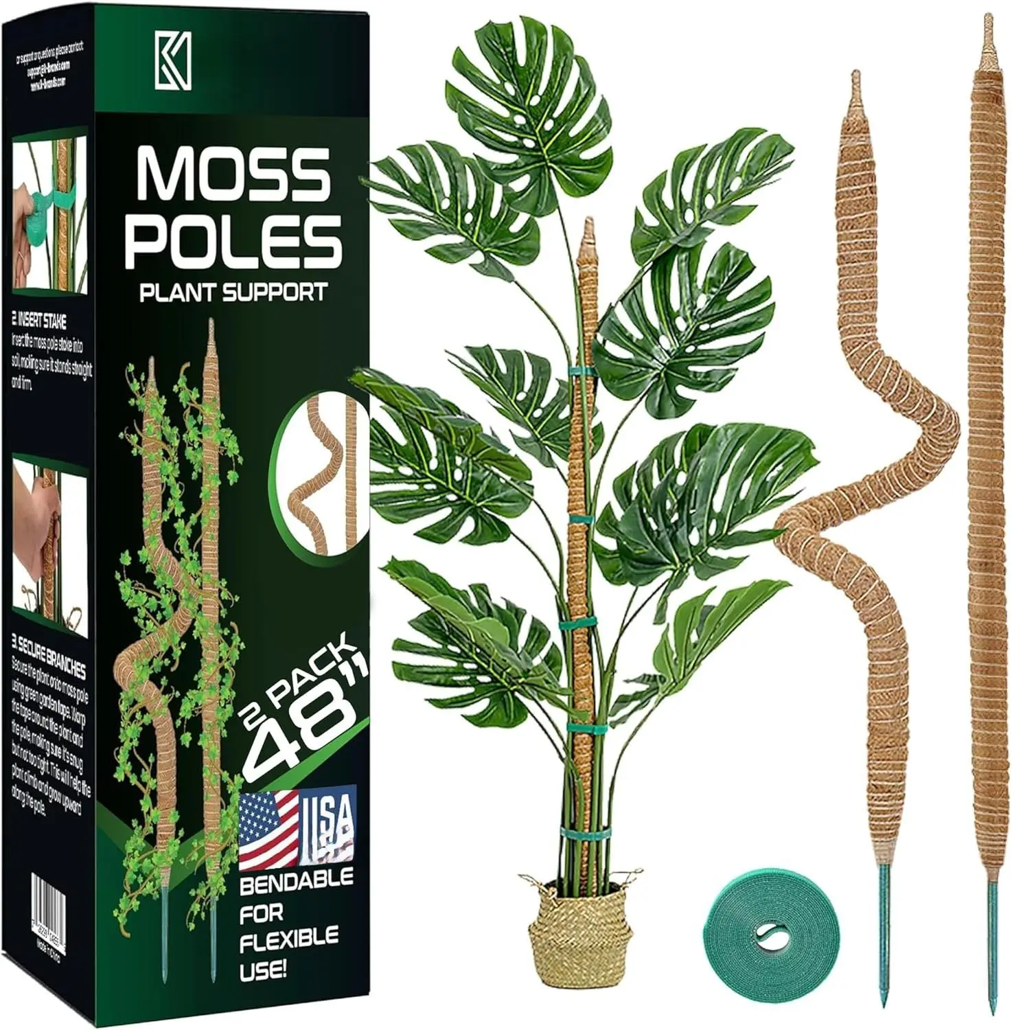 2 Pack 48'' Bendable Moss Pole Monstera  Support for Climbing Indoor  - Stakes for Potted Climbers - Tall Sticks Indoor Trellis for Houseplants - Accessories for Monstera Pot