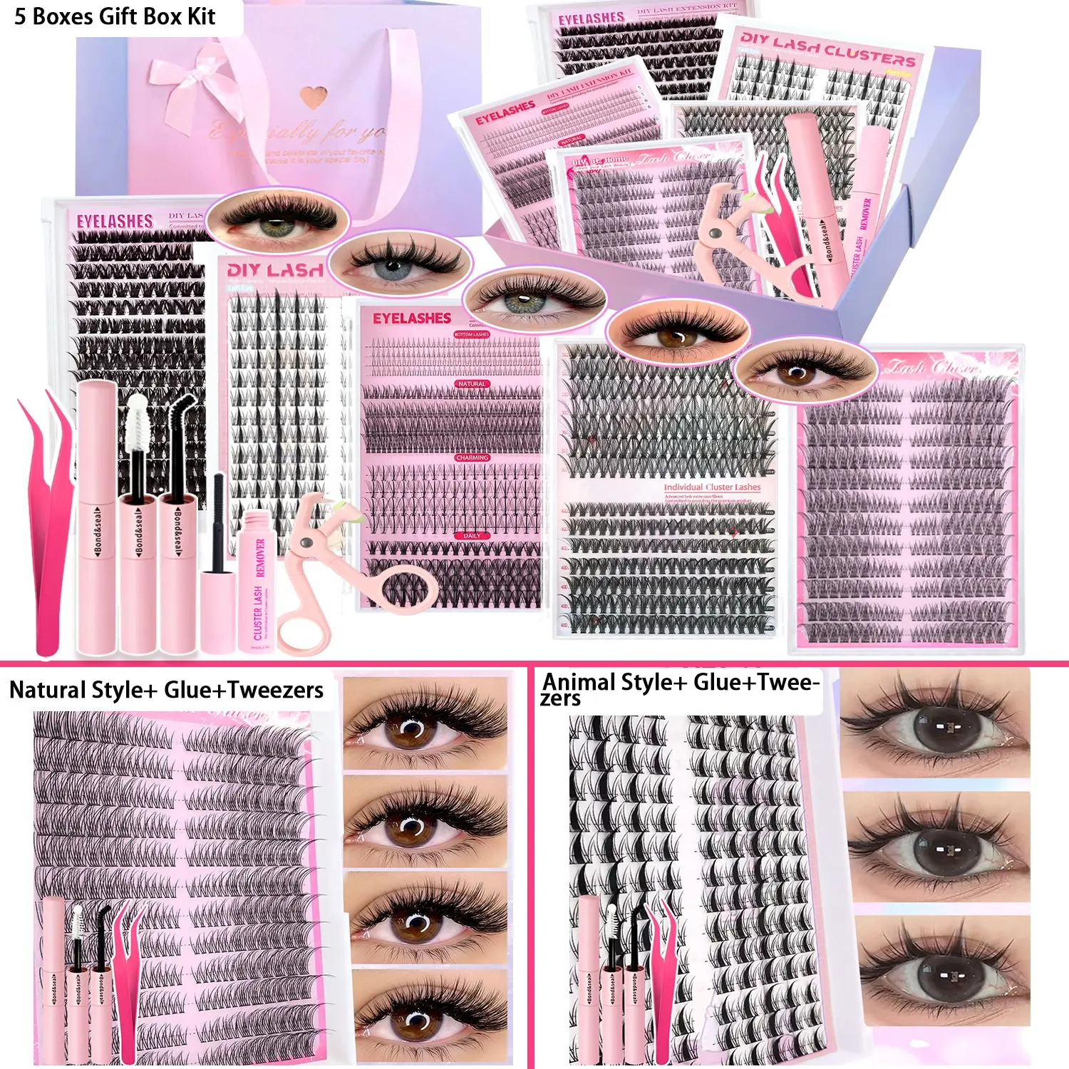 5 Boxes Mixed Styles False Lashes - Voluminous Individual Eyelash Extensions DIY Eyelashes Kit with Glue, Remove, Tweezers and Curler, D Curl Mixed Lengths Eyelash Clusters, Natural Look & Volume Multi-Style Lashes for Makeup Daily, Christmas, Party