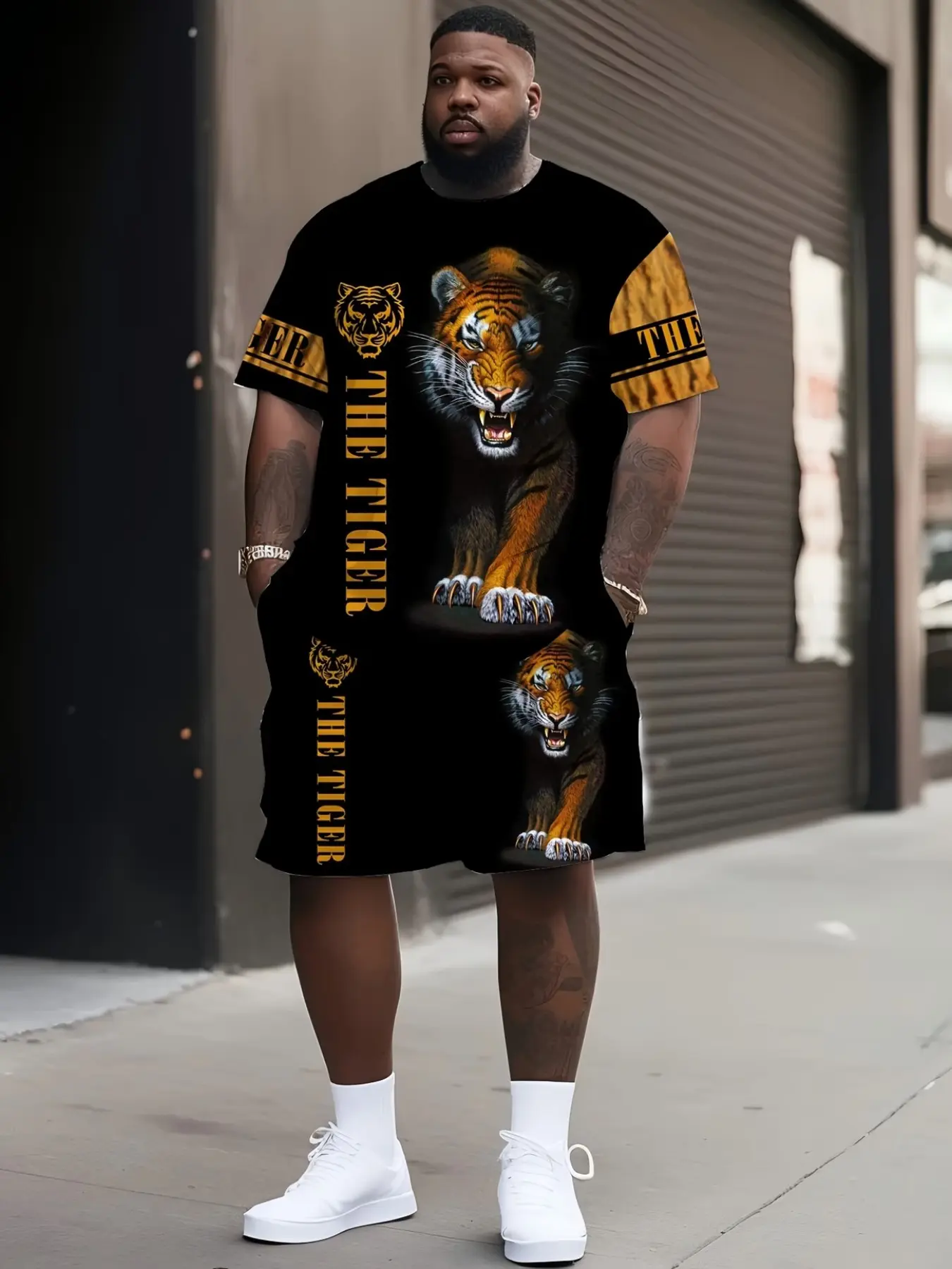 Men's Plus Size Loose Tiger Print Design Sportswear Set, Loose Casual Sporty Casual Streetwear with Matching Shorts, Summer Loose Fit, 2 Piece, Athleisure Summer Clothes