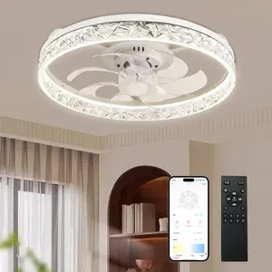 DEMILARE Ceiling Fan with Light, Modern Low Profile Flush Mount Ceiling Fan, LED Dimmable Ceiling Fan with Remote and App Control, 6 Speed Reversible Quiet Fan, Crystal Look Acrylic Light Ring Fan for Bedroom Living Room Kitchen, SummerVibes