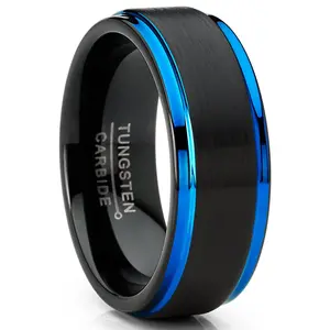 Men's Tungsten Carbide Wedding Band Ring Black Blue Edges 8MM Comfort-Fit