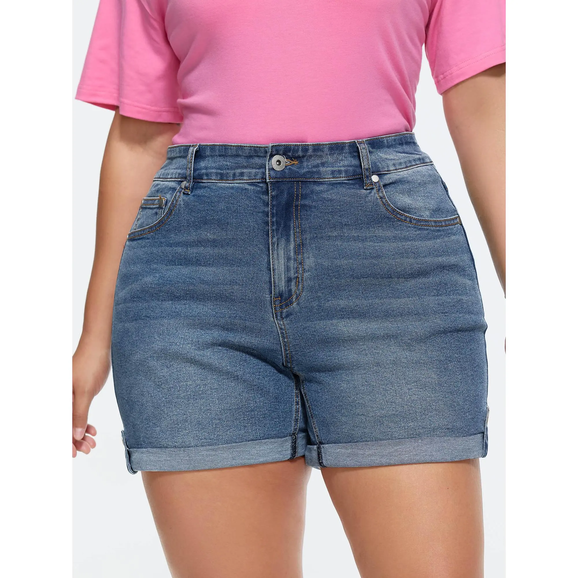 Women's Vintage Wash Denim Bermuda Shorts, Skinny Fit High Stretch Breathable Bottom, Plus Size Friendly with Folded Hem, Simple, Bottoms, Fabric, Cotton, Comfy, Basic, Everyday, Casual, Plus Sizes, Elastane, Breathable Fabric, Bermuda Cut, Cotton Blend,