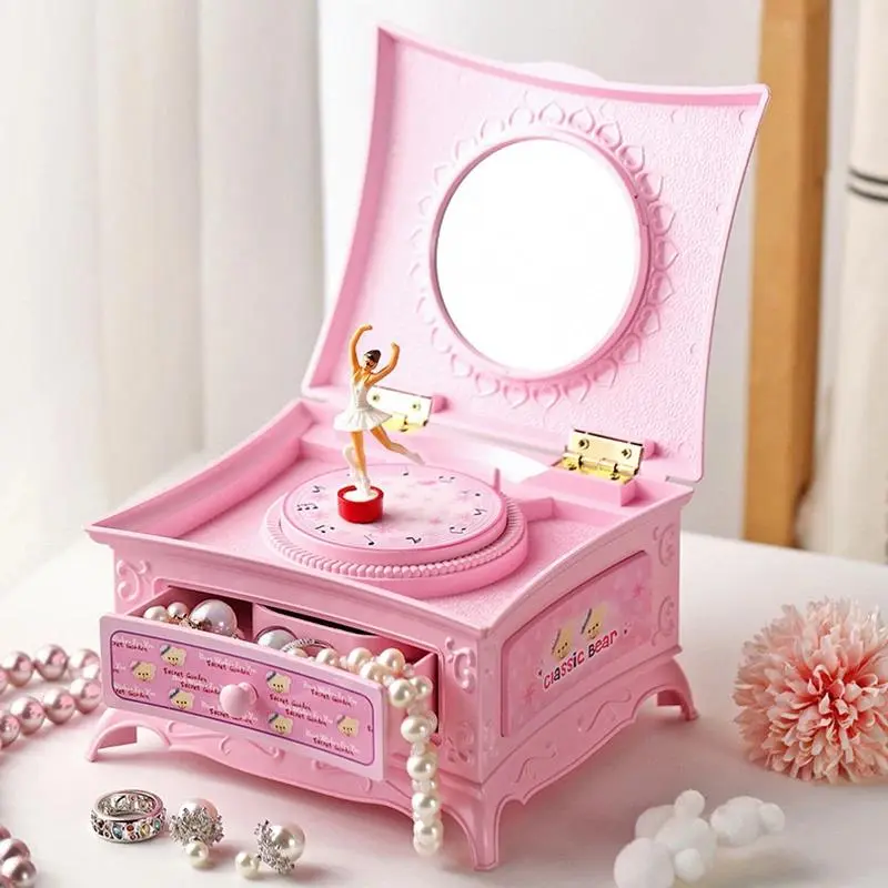 Sweet Dainty Wind-Up Rotating Ballerina Piano Music Box - 16*13.6*9.1cm Plastic Jewelry Organizer with Mirror, Character-Inspired Miniature Ornament for Little Girl's Room, High-Capacity Home Decor Gift