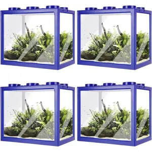 4PCS Plastic Small Betta Fish Tank 0.6 Gallon Stackable Fish Bowl Cube Aquarium Tank for Shrimp Turtle Small Crab Blue