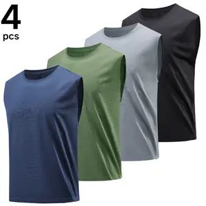 Men's Solid Color Simple Round Neck Tank Top with Xu Shou Back, Breathable Mesh Design, Suitable for Summer Sports Wear