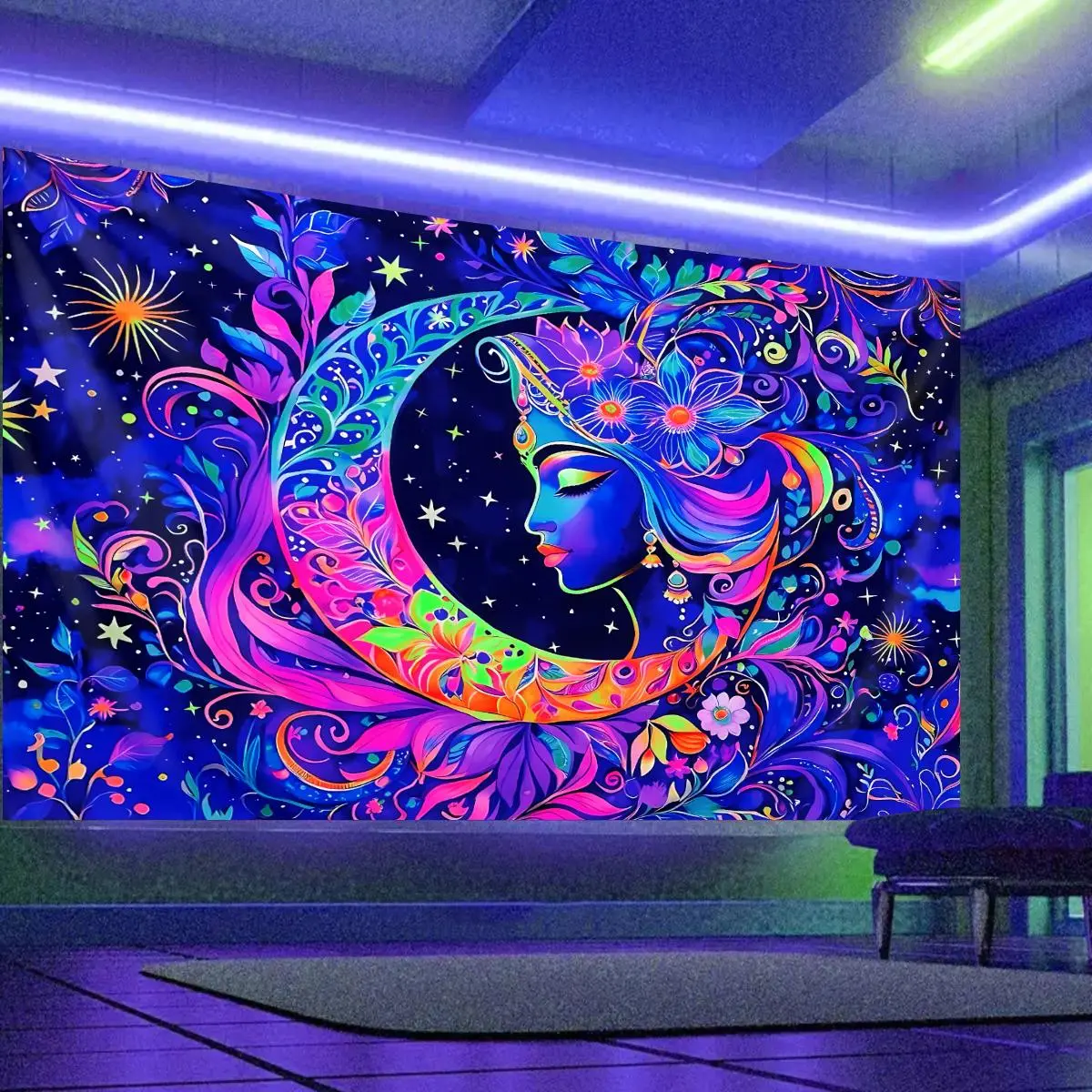 Moon & Star Pattern Tapestry, UV Reactive Black Light Tapestry, Elegant Goddess UV Reactive Sun Mandala Wall Hanging Living Room Tapestry, Decor, Home Bedroom Decor Decorative Tapestry