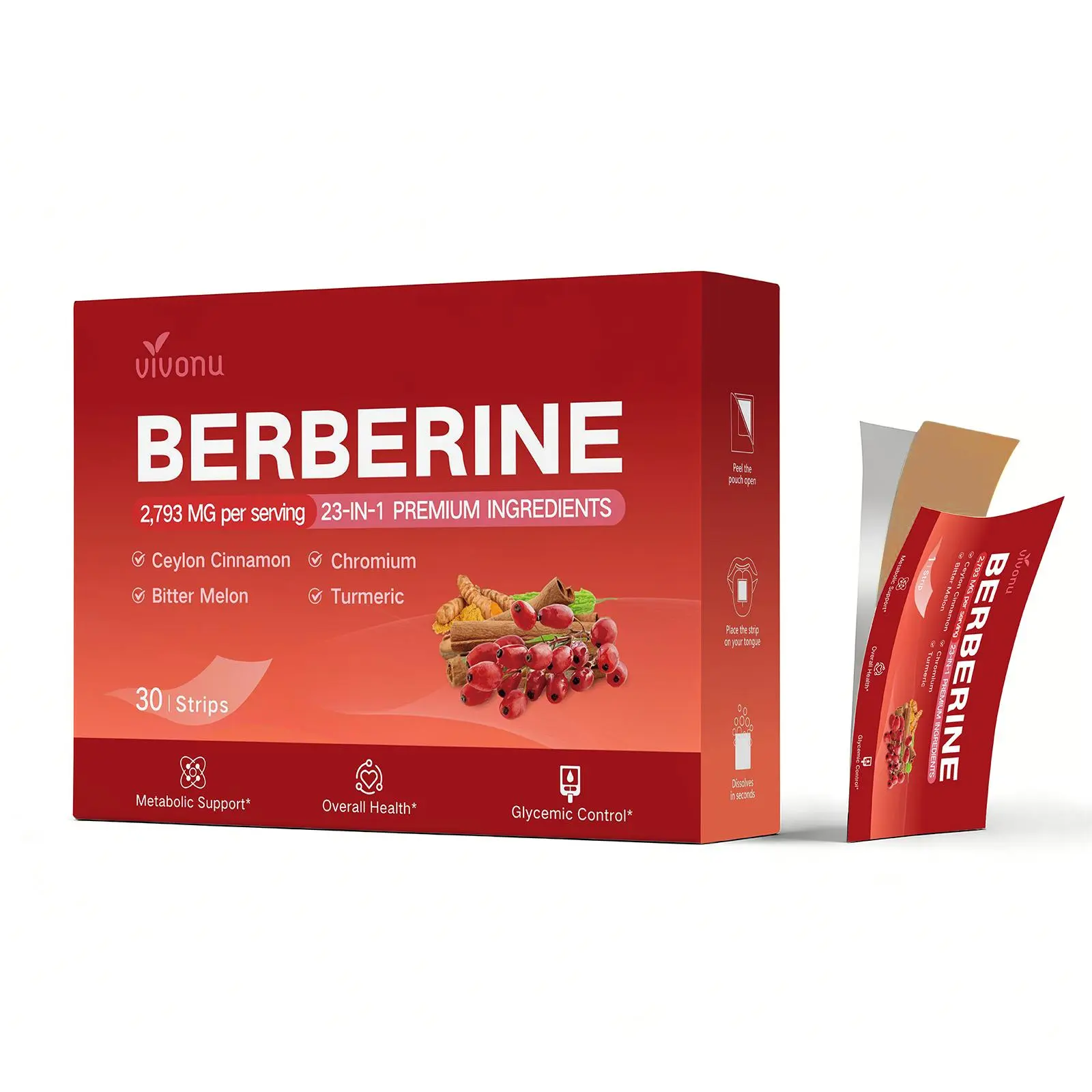 VIVONU  23-in-1 Advanced Berberine Oral Dissolvable Film, Natural Blend with Ceylon Cinnamon, Chromium, Bitter Melon & Turmeric, Supports Healthy Metabolism & Balanced Blood Glucose Levels