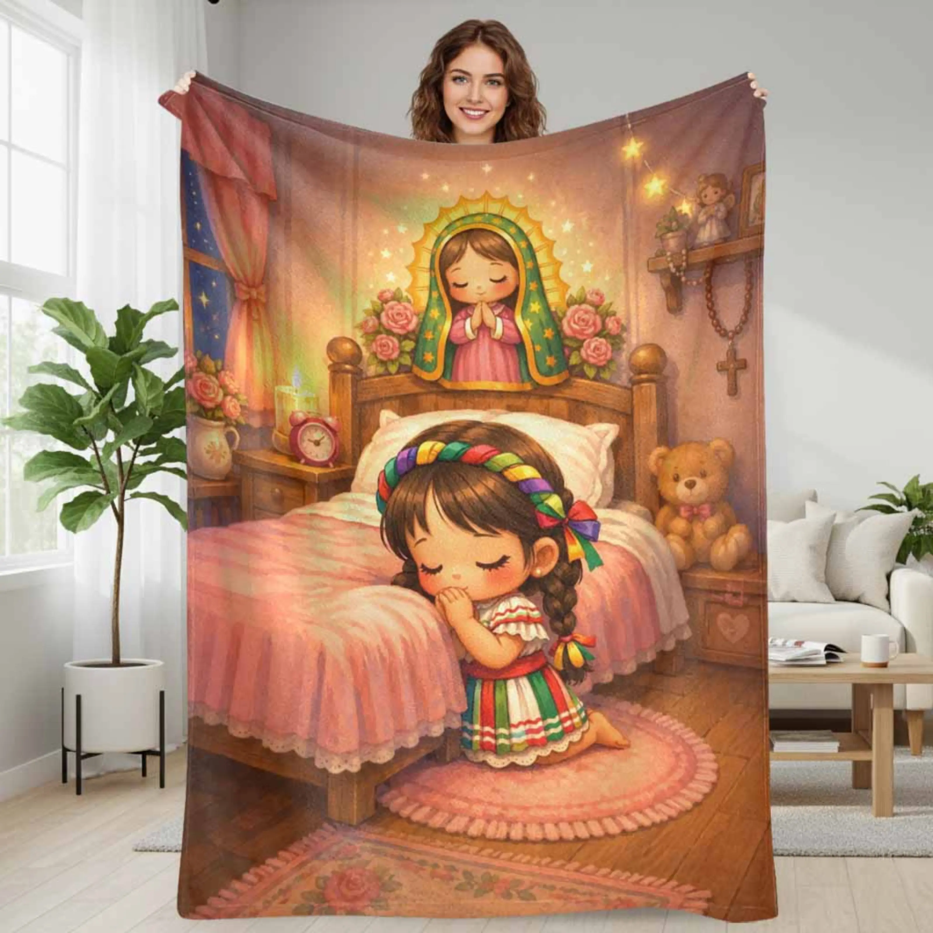 Polyester Lady of Guadalupe Flannel Blanket - Sacred Virgin Mary Floral Traditional Art Print, Ultra-Soft Lightweight Plush Fabric, Durable Breathable, Machine Washable, All Seasons Living Room Decor Throw for Couch, Spiritual Faith-Based Gift