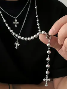 Men's Hip Hop Cross Pendant Necklace Set, 3-Piece Acrylic Round Bead Chain Jewelry, Fashionable Simple Design for Daily Wear