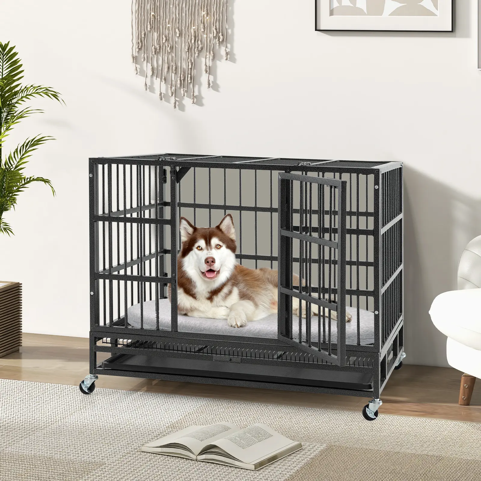 COSTWAY - 38 Inch Foldable Heavy-Duty Metal Dog Cage with Lockable Rolling Casters and Tray-38 inches