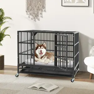 COSTWAY - 38 Inch Foldable Heavy-Duty Metal Dog Cage with Lockable Rolling Casters and Tray-38 inches