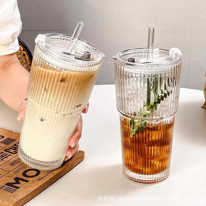 Large Capacity Glass Cup with Straw & Lid, 1 Count Clear Drinking Cup, Beverage Cup, Stylish Glass Cups, Drinking Glasses, Household Tea Cup, Coffee Cup, Drinkware, Cup with Lid and Straw, Tumblers