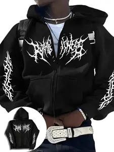 Men's Death Metal Font Zip Fitted Hoodie, Y2K Distressed Streetwear Street Style Jacket, Trendy Gothic Aesthetic Menswear Sweatshirt for Street & Daily Wear