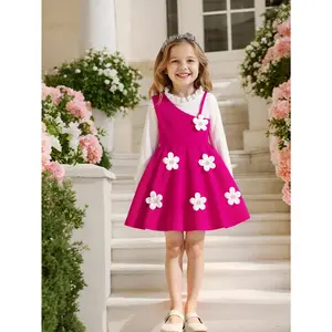 Vibrant Fuchsia Girls Jumper Dress Set | Trendy Faux Two-Piece Look with White Ruffle Long Sleeve Top & Charming 3D Floral Appliques | Stunning Kids Fashion Outfit for Preschool, Photo Shoots & Everyday Play | Adorable Birthday Gift for Little Girls 4-7.