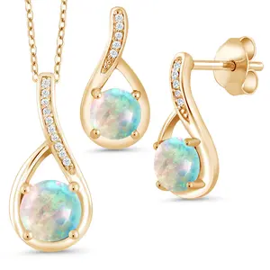 Gem Stone King Gemstone Birthstone and Diamond Pendant Earrings Jewelry Set For Women | 18K Yellow Gold Plated Silver | Round 6MM and 5MM | With 18 Inch Chain