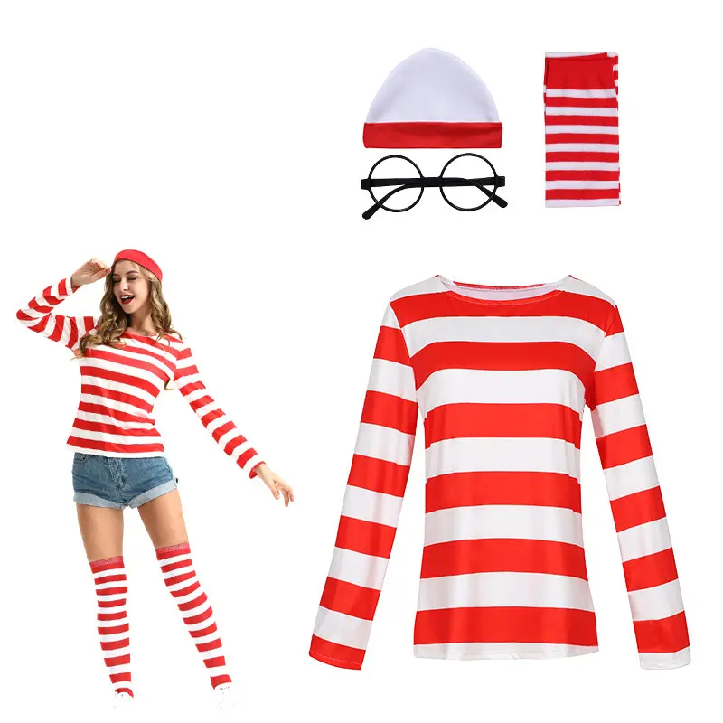 Men's Halloween Parent-Child Matching Where's Wally Striped Classic Costume Shirt & Accessories - Soft Stretch, Breathable, Cuffed Fabric for Cosplay, School Day Special Occasions