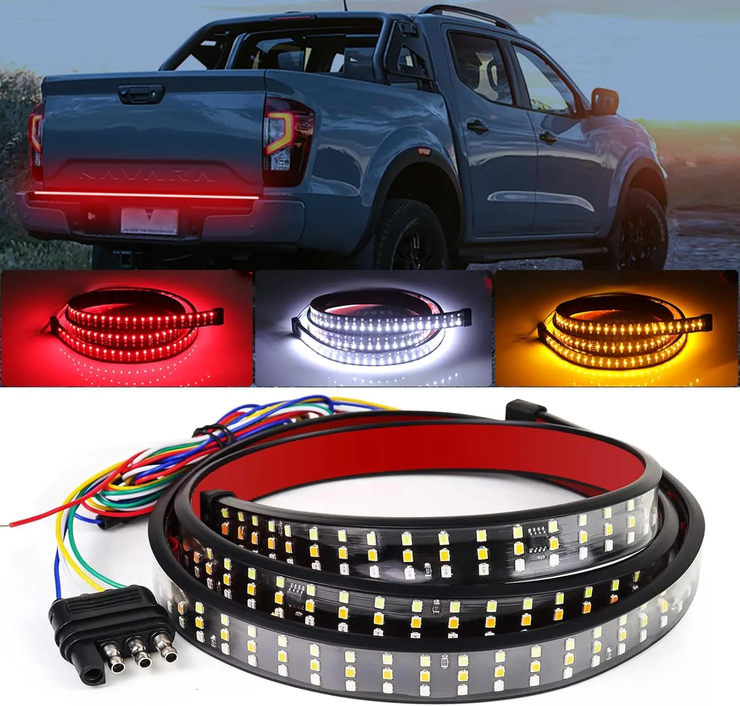 48"/49" Tailgate Light Bar, Triple Row LED Tailgate Light Strip with Red Running Brake White Reverse Lights Amber Sequential Turning Signals Strobe Lights