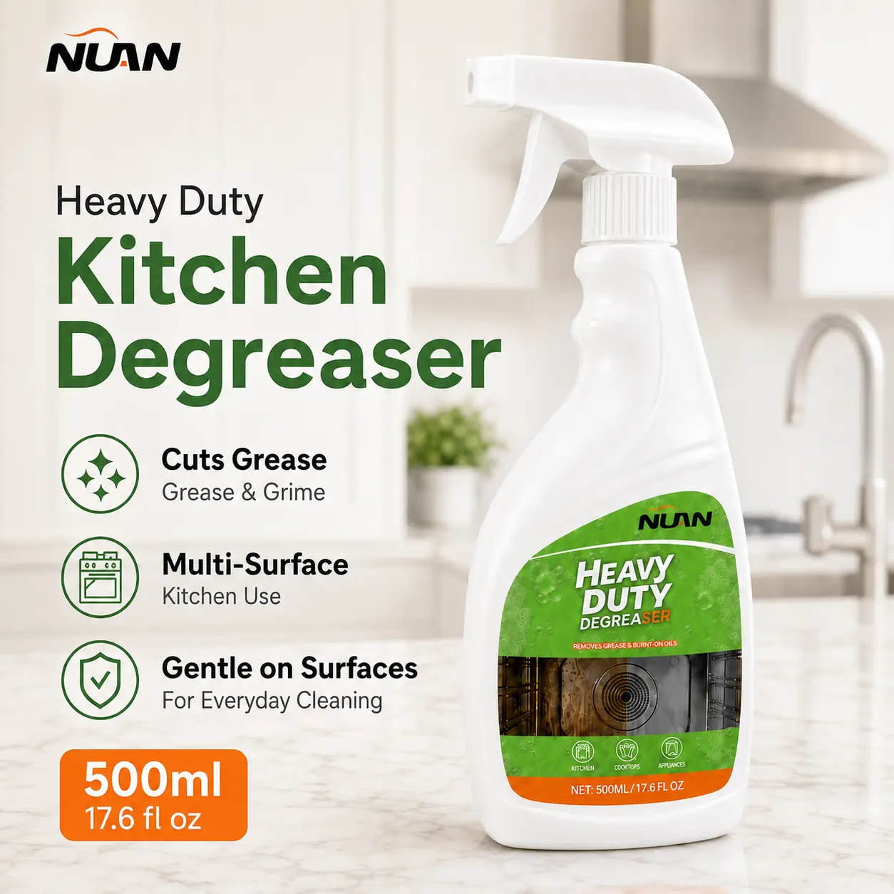 NUAN Heavy Duty Kitchen Degreaser Spray 500ml - Household Items Stove & Oven Cleaner for Range Hood, Multi-Surface Kitchen Cleaning