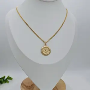 Gold St Christopher Necklace, Small Saint Christopher, Traveling Mercies, 14k Heavy Plated Gold, 20mm Diameter Pendant, 1.5mm Curb Chain