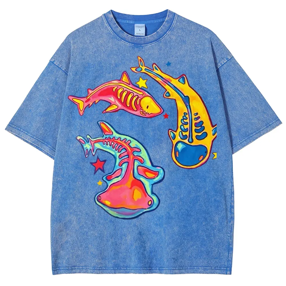 Neon Skeleton Shark Ray Ocean Creature Y2K Retro Art Vintage Washed Heavyweight Stone Wash Oversized T-Shirt