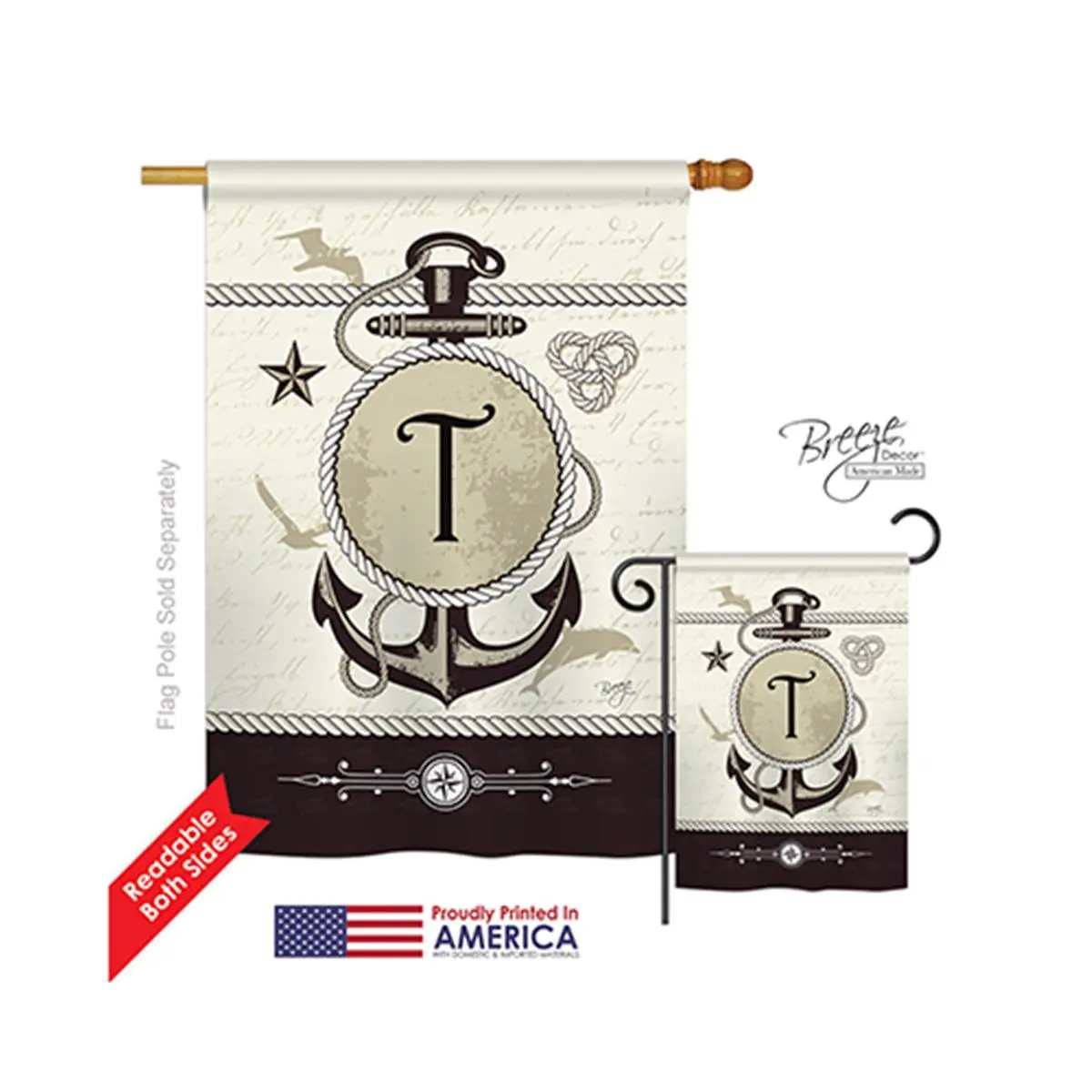 Breeze Decor 2-Sided Nautical T Monogram Vertical House Flag - Polyester, 4" Pole Sleeve, Eco Friendly Procedures, Original Artwork, 28x40 in.