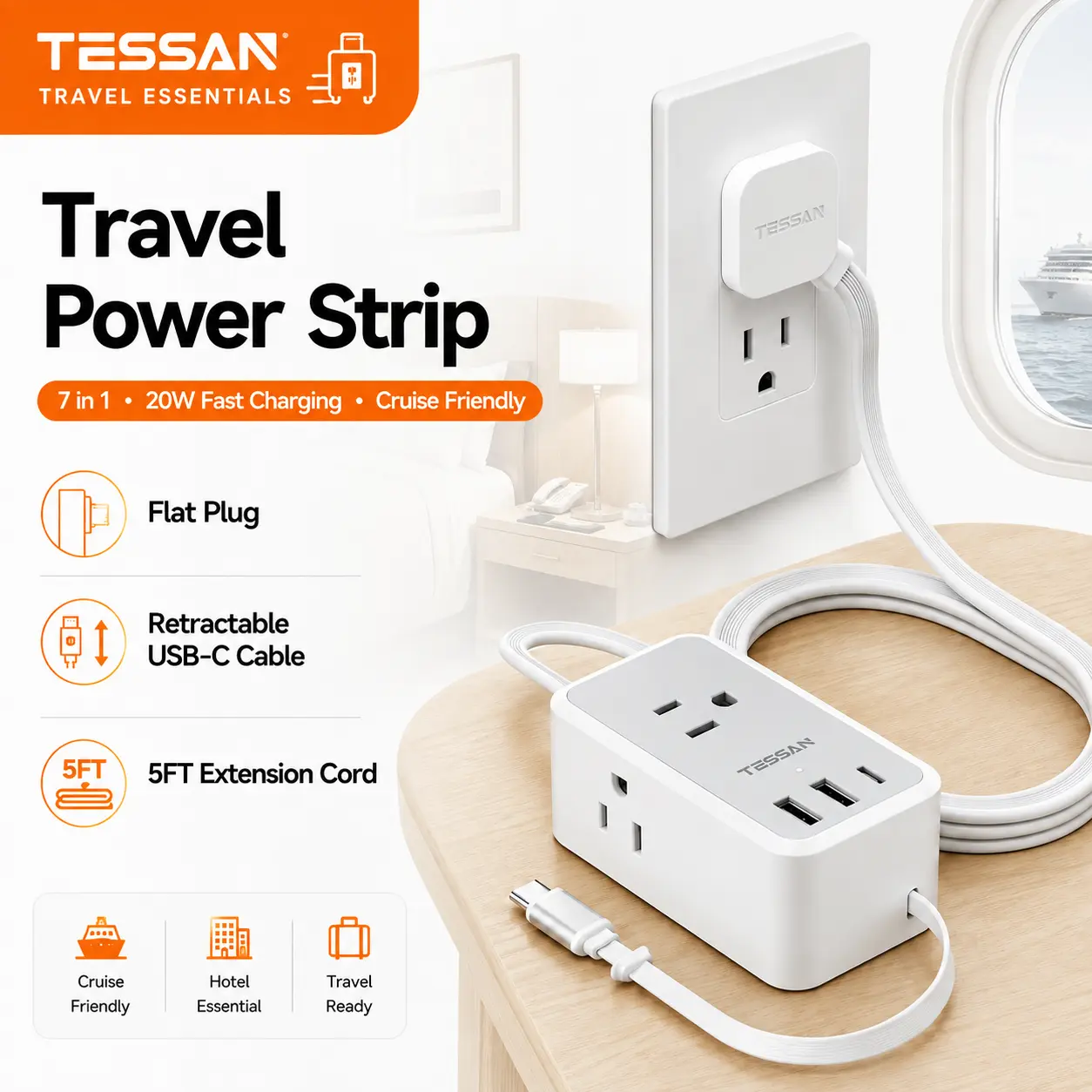 【TESSAN Small Flat Plug Power Strip】Ultra Thin Extension Cord 5 ft, Grey | 3 AC Outlets 3 USB (1 USB C), 1 Retractable USB C Cable, Wall Outlet Extender, NO Surge Protection, for Cruise Travel