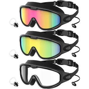 3 Pack Adult Swim Goggles, Wide View UV400 Anti-Fog Leakproof Swimming Glasses with Nose Clips, Unisex for Outdoor Water Sports,summervibes outdoorfun