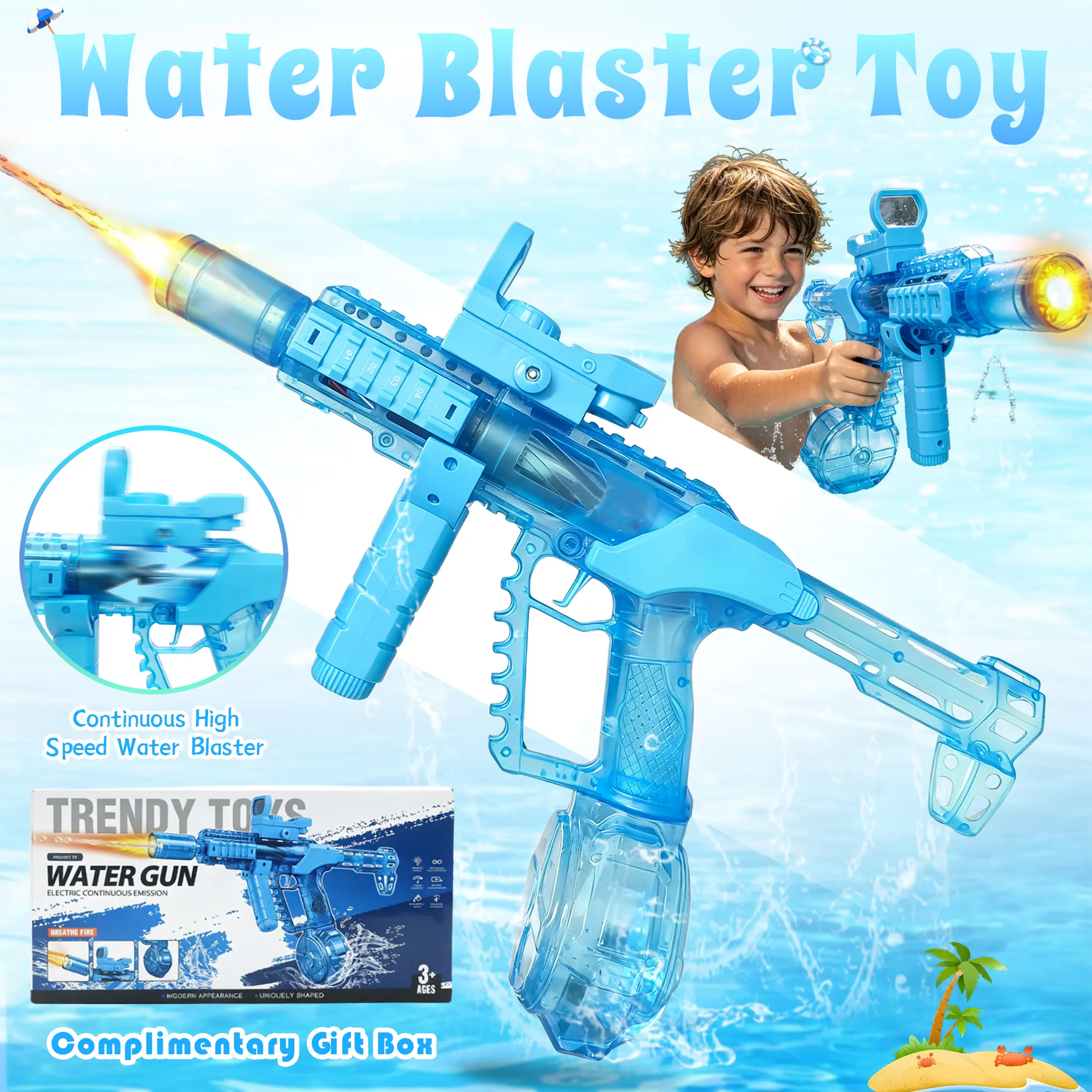 Electric Automatic Water Blaster with LED Light, Rechargeable Water Gun for Adults and Kids, Long Range Outdoor Pool Toy, Transparent Drum Tank Squirt Gun for Beach Backyard Summer Party and Gamer Gifts