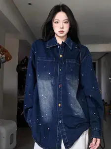 Women's Navy Polka Dot Pattern Denim Jacket with Colorful Buttons, Long Sleeve Casual Outerwear for Spring & Autumn, Stylish Layering Option