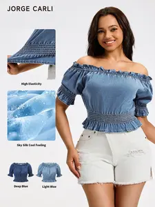 JORGE CARLI  Women's Thin French Denim One-Shoulder Ruffles Boho Top, Fashionable and Versatile, Perfect for Casual Wear, Stylish and Comfortable