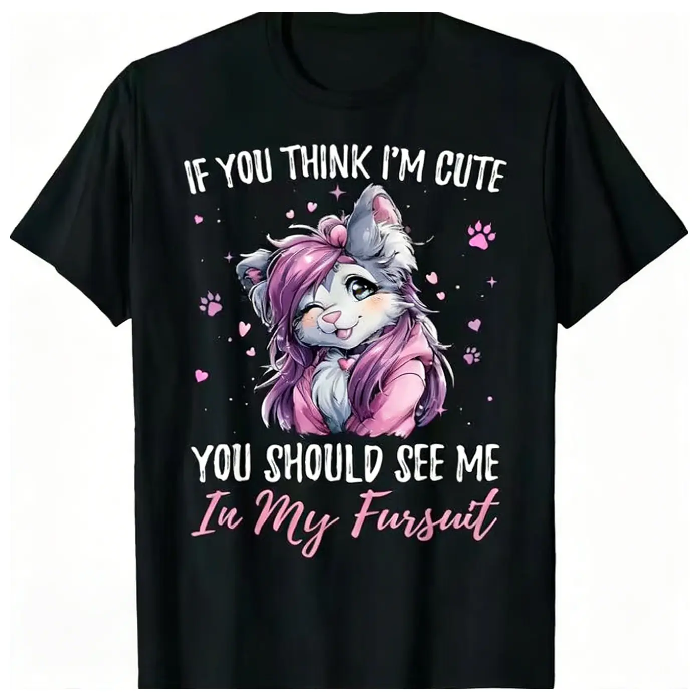 Men's Distressed Vintage Short-Sleeve Round Neck Oversized Unisex Furry Wolf Graphic Art Menswear Top - "If You Think I’m Cute See Me in My Fursuit" Meme Shirt, Soft Breathable Pre-Shrunken Casual Streetwear Gift, Shortsleeve, Tops, Casual Wear, Soft Fabr