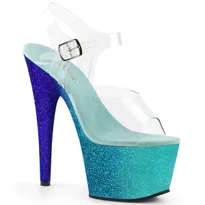 Women's Heeled Sandals with Aqua Blue Ombre Glitter Platform, Ankle Strap, 7-Inch Stiletto Heel | ADORE-708OMBRE, Footwear