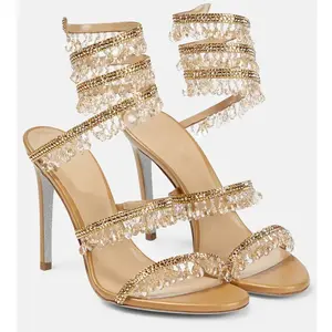 Summer new crystal pendant snake-shaped winding rhinestone sequin tassel banquet large size stiletto high-heeled women's sandals