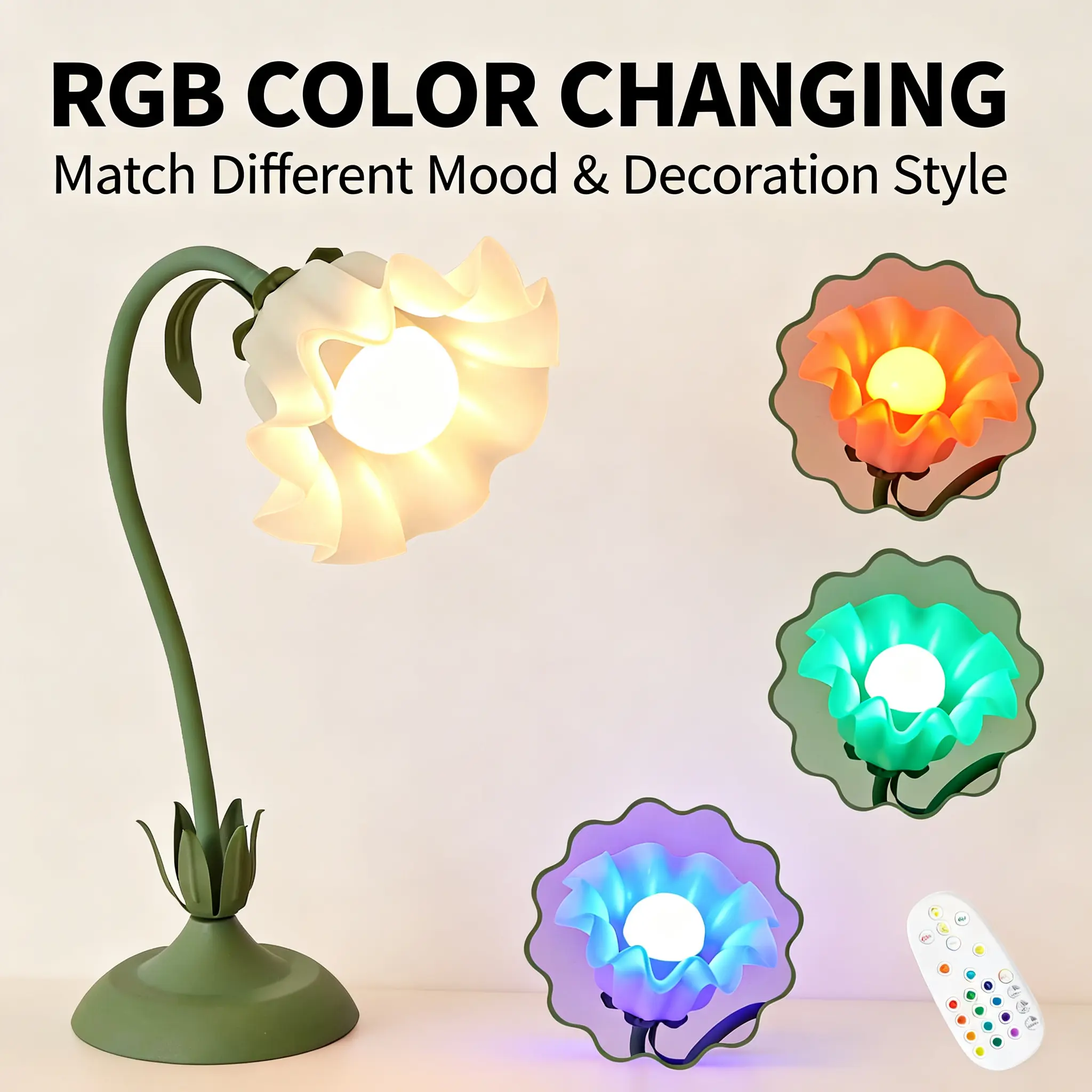 Floral Shape LED Table Lamp - 5W Rechargeable Wireless RGB LED Lights, Remote Control, Dimmable Brightness, Plastic Steel Indoor Decor Lamp for Bedroom, Gift, 5W Output