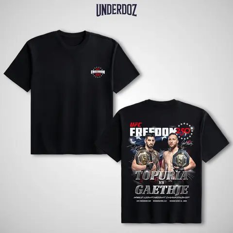 Men's UFC Freedom 250 Ilia Topuria vs Justin Gaethje Graphic Tee - Unisex Short Sleeve Menswear Apparel, 100% Cotton Fabrics, Soft Fitted Cut, Bold Fighter Print, Vintage Casual Streetwear for UFC Fans