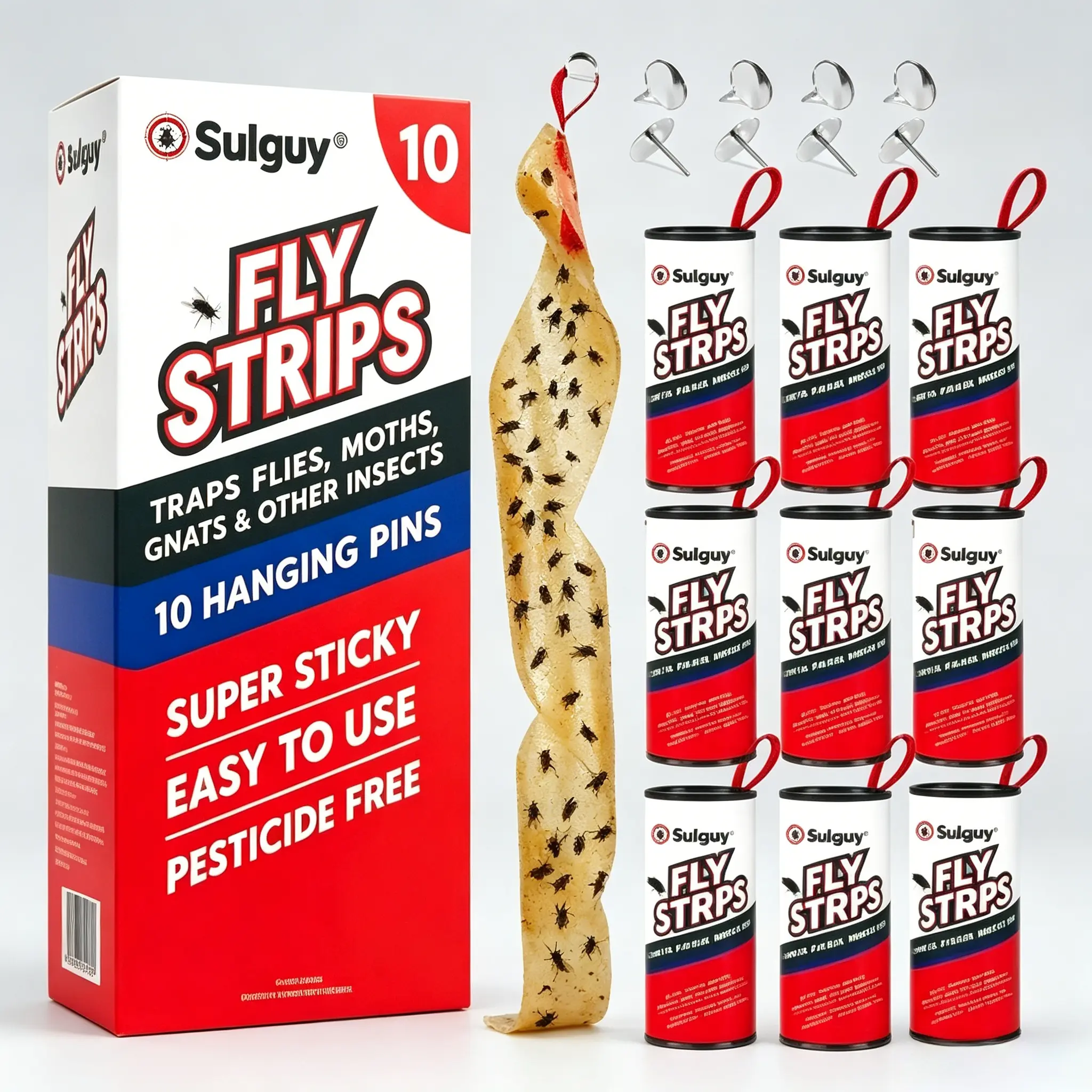 Sulguy Double-Sided Fly Strips Indoor Sticky Hanging 10pk with Pins. Long Lasting Pesticide Free Fly Paper Roll for Home. Fruit Fly and Gnat Catcher for Kitchen. Housefly Trap Ribbon