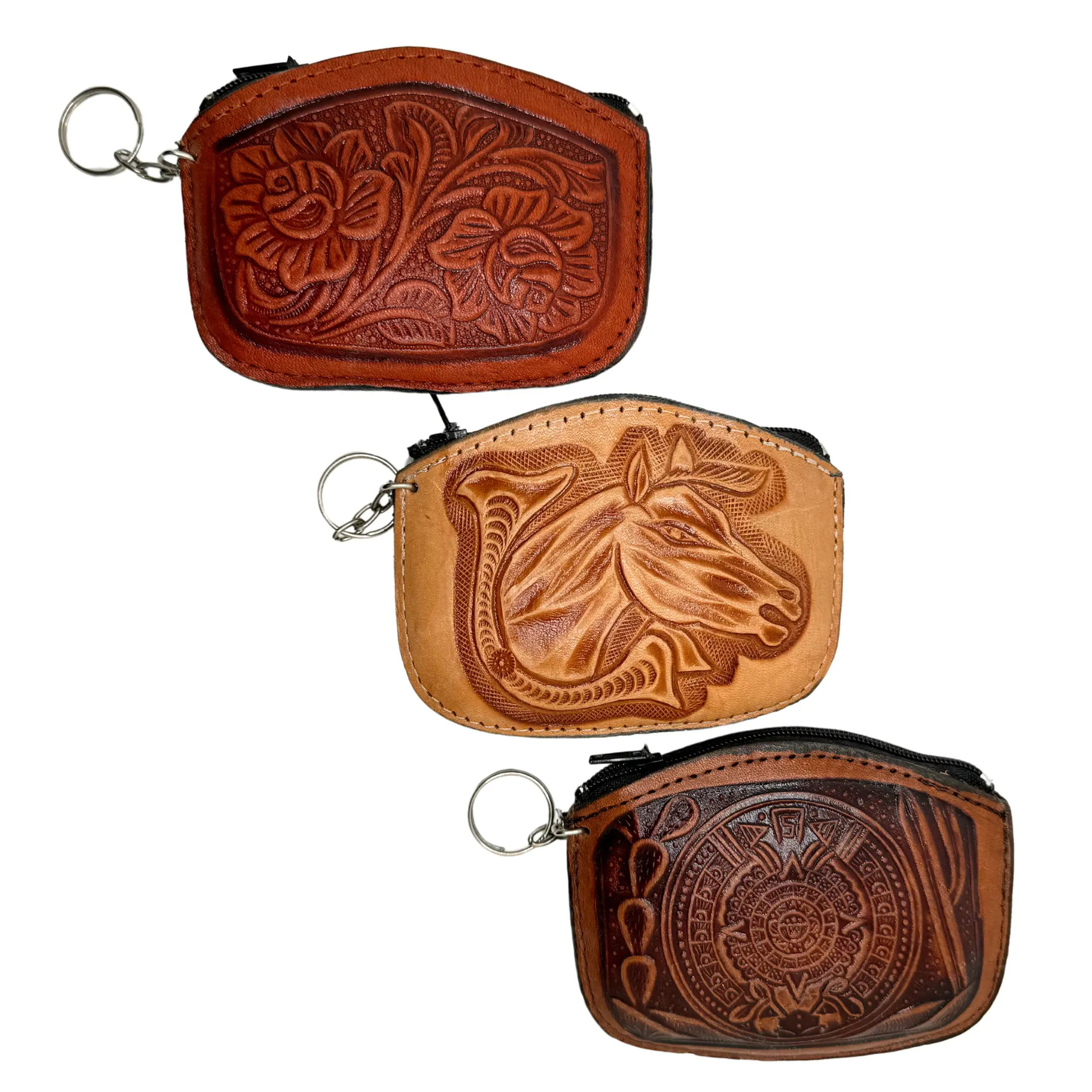 Mexart Mexican Leather Coin Pouch for Women - Assorted Colors & Designs - Unique Aztec Calendar, Horse, and Flowers Patterns - Durable & Portable - Perfect Gift
