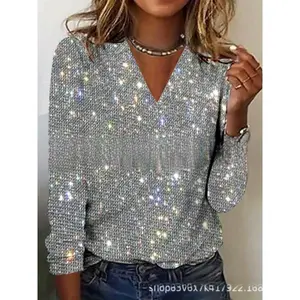 Women's Glitter Sequins Cut Out Mock Neck Tee Elegant Sparkly Long Sleeve Top for Party Holiday Ladies Spring Fall Clothes 100% Polyester V-neck Casual