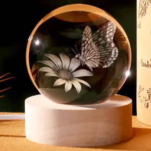 3D Butterfly Flower Crystal Ball with Wooden Light Base Glass Butterfly Figurine Gifts for Women Mom Butterfly Statue Home Decor on Mother's Day Birthday Valentine Christmas (Diameter 2.36 inches)
