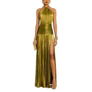 2025 Summer Women's New Sleeveless Backless Pleated Split Tie Halter Dress Formal Womenswear