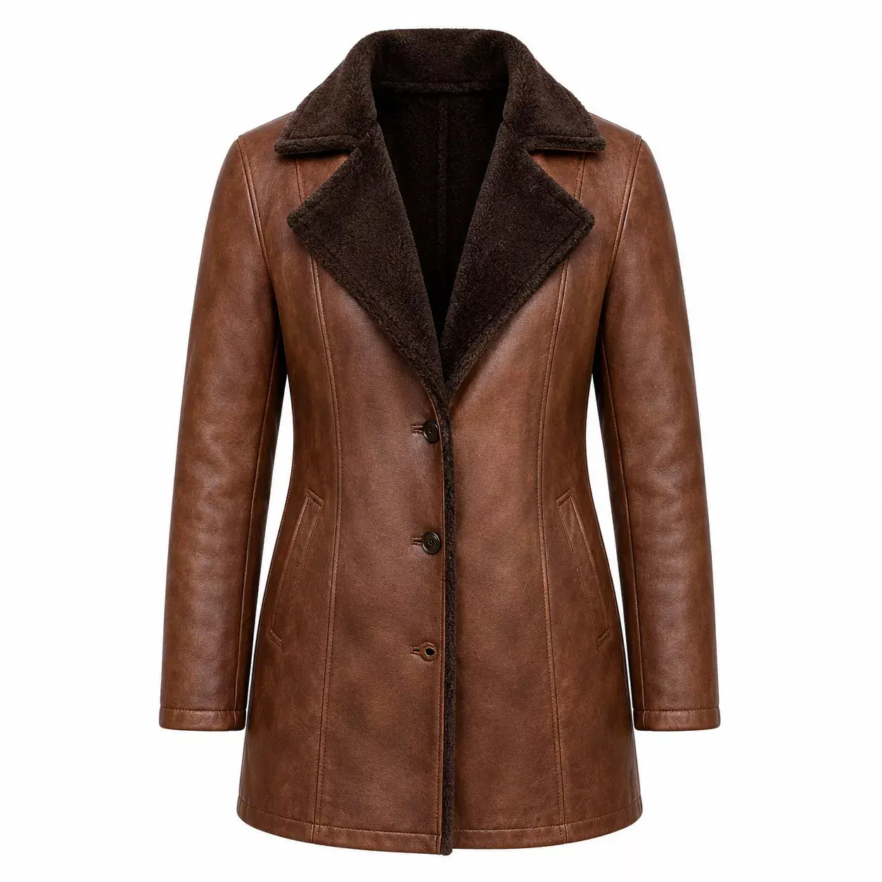 Women’s Brown Shearling-Lined Leather Coat | Warm Button Front Winter Jacket