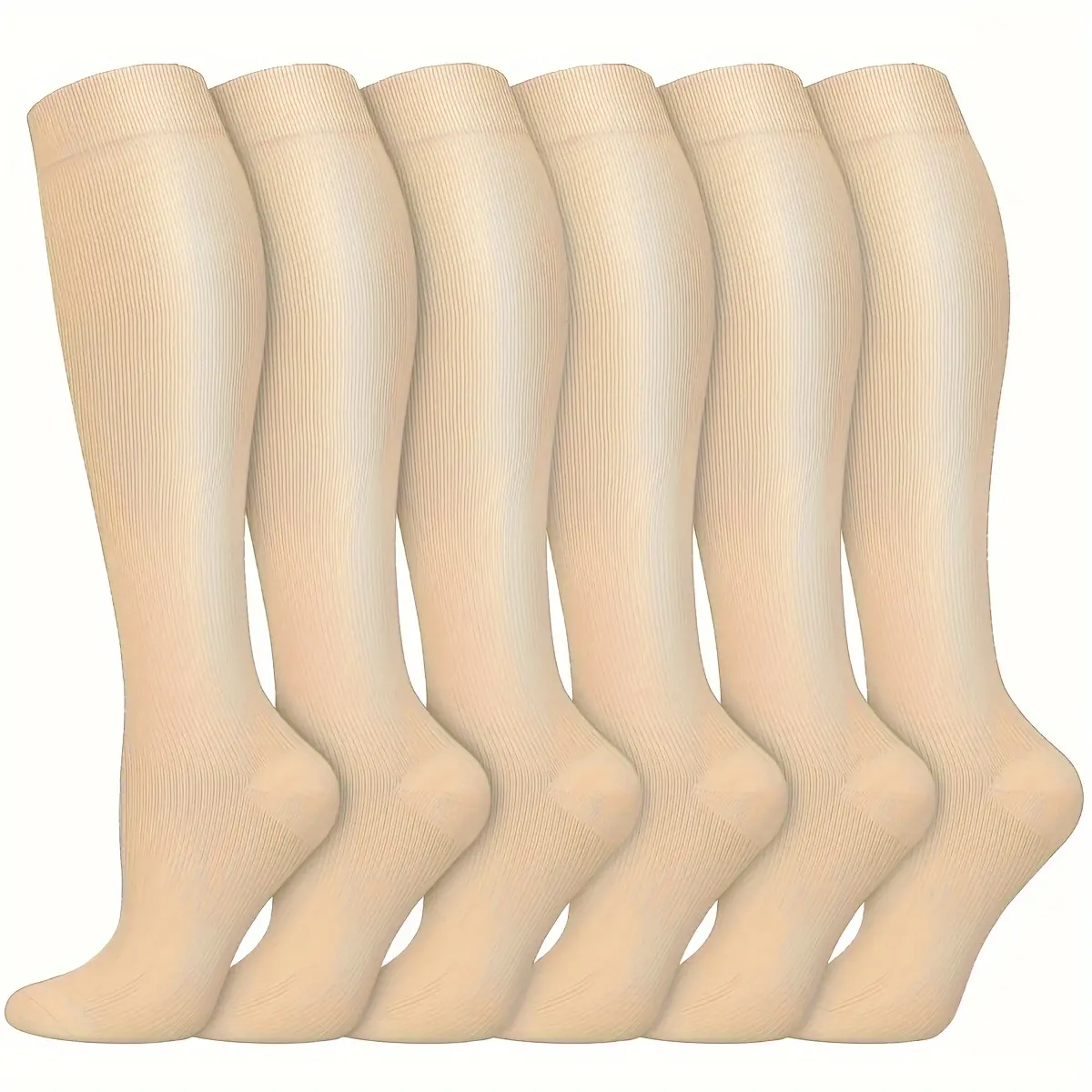 6 Pairs of Beige Compression Socks - High-Performance, Polyester for Running, Cycling, and Flight Support - All-Season, Solid Color, Hand Wash Only, Sports Socks|Compression Fit|Stretchy Material compression sock woman