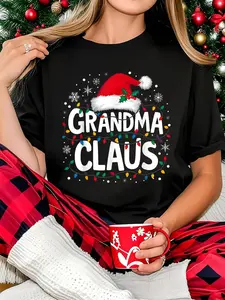 100% Cotton Women T-shirt  Women Christmas T-shirt Grandma Claus Christmas Lights Santa Family Matching  T-Shirt Print Round Neck Short Sleeve T-Shirt For Women Casual, Summer, Women Top Graphic Tees Women Tops