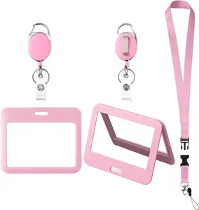 ID Badge Holders and Retractable Reel Clips,Lanyard with Release Buckle, Key Card Holder Nametag Protector for Nurse Women Girl  Office Teacher  Student ( Horizontal,Double-Sided Clear)