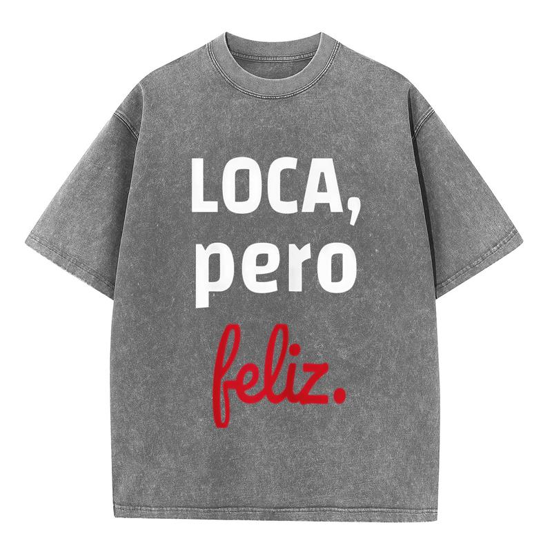Women's Plus Size Basic Lady Short Sleeve T-Shirt - Loca Pero Feliz Latina Graphic, Combed Cotton Crew Neck, Lightweight Loose-Fit Vintage Washed Beach Streetwear Fabric Casual Top