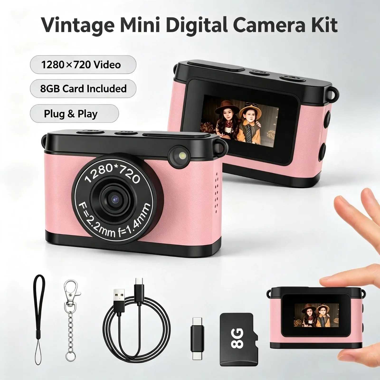 Mini Digital Camera, Tiny 1080P HD Pocket Camera with LCD Screen, 8G Memory Card Included, Rechargeable Small Camera with Type-C Charging, Multi Colors: Black, Brown, Pink, Purple, OTG Connection for Kids, Travel and Daily Recording