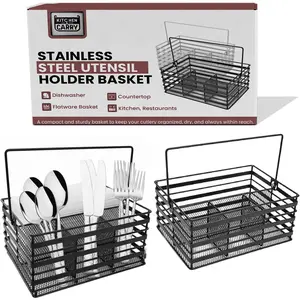 Stainless Steel Utensil Basket,Dishwasher, Flatware Basket, Kitchen, Countertop, Office, Camping, Outdoors, and Restaurants, 4-Compartment, Black