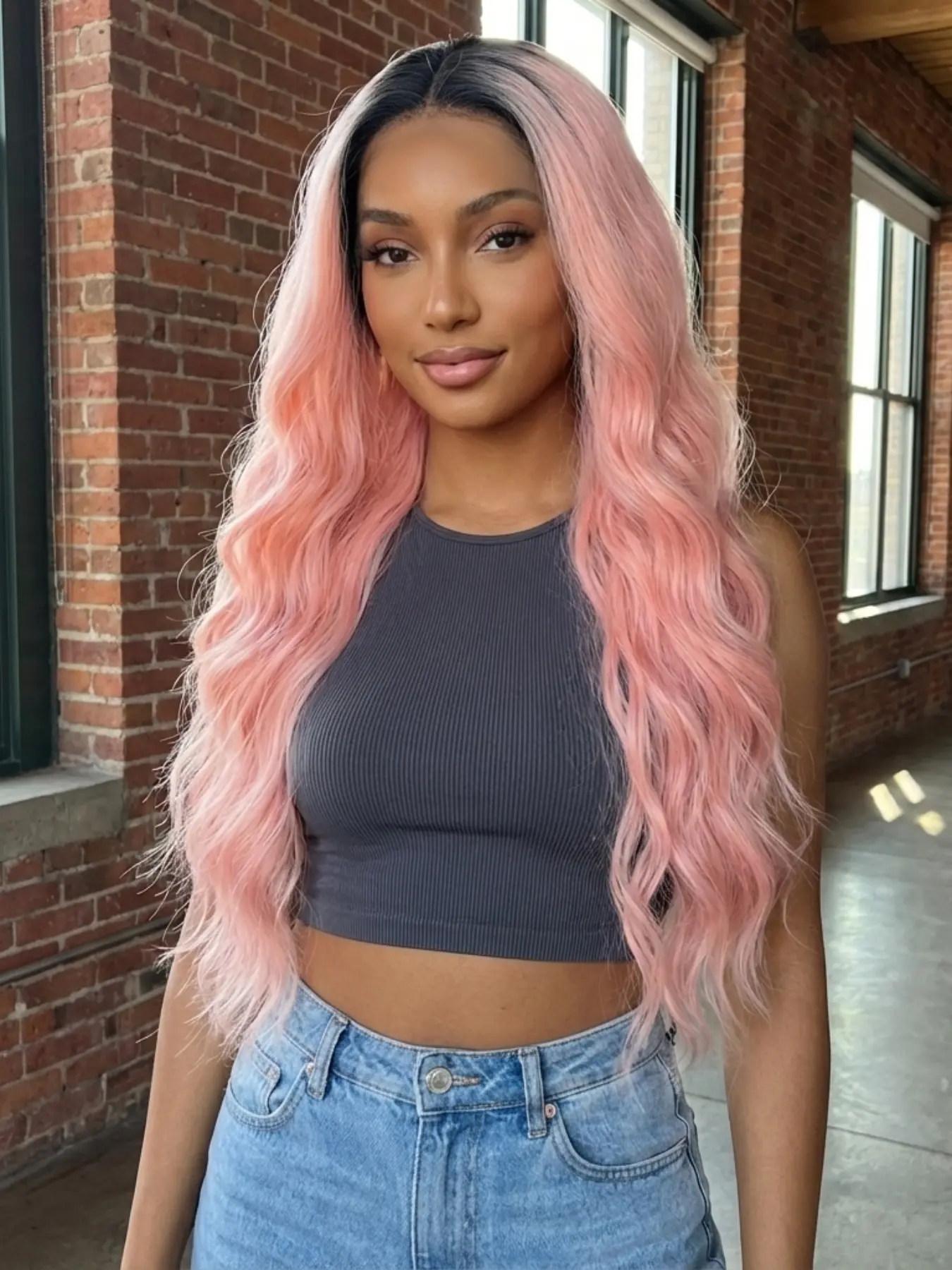 Barbie Pink 13x6 Synthetic Wig, Long Wavy Gradient Color for Women, High-Quality Synthetic Fiber for Daily Wear