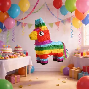 Mexican Traditional Colorful Donkey Piñata Set, Party Essential, Festival Decoration, Birthday Gift, Handmade, 5-Piece Kit